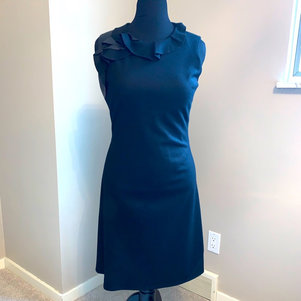 Elie Tahari wool dress black with leather and suede ruffles. Fully lined.